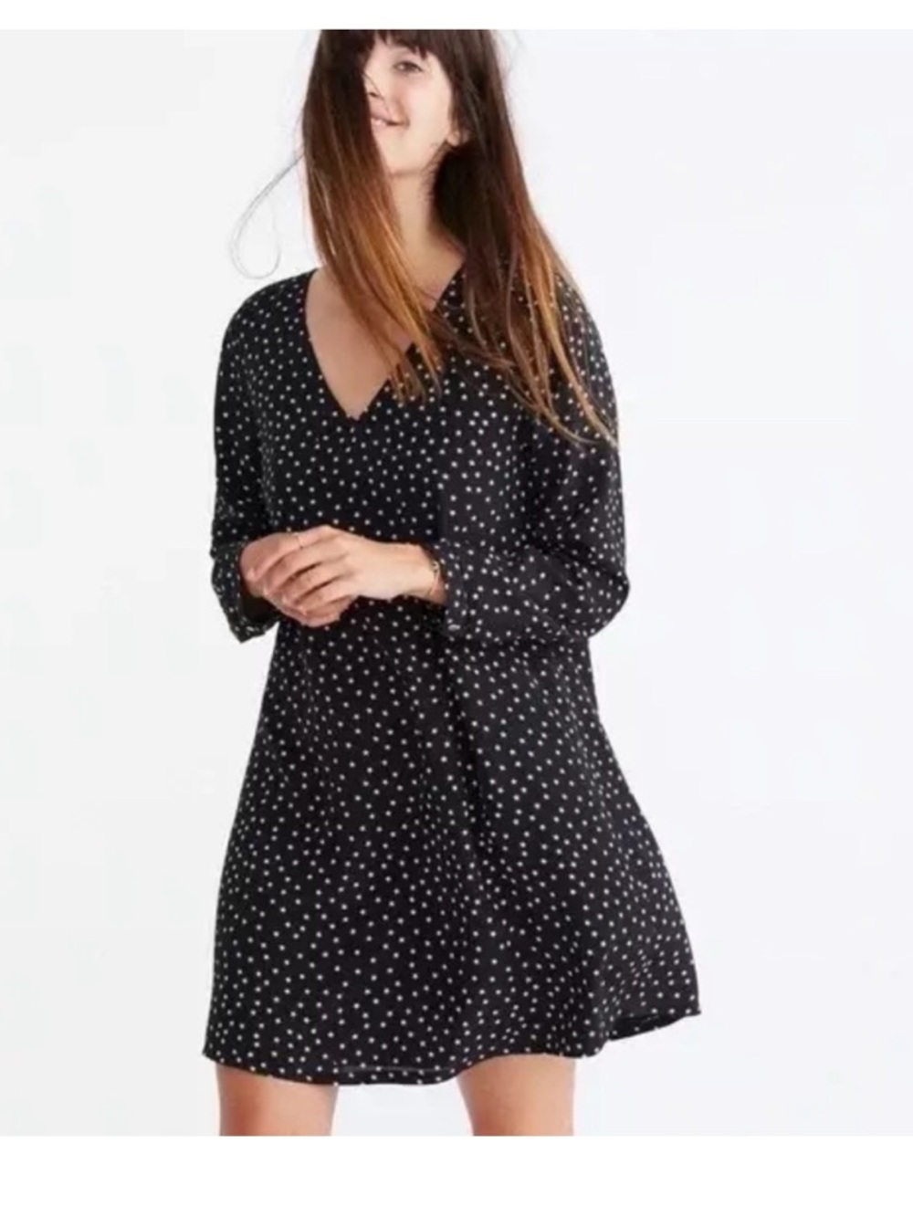 Madewell Black Star Print V-Neck Silk Women's Dress